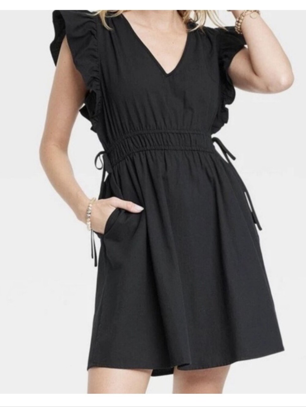 Universal Thread Black Flutter Sleeve Cinch Waist Dress